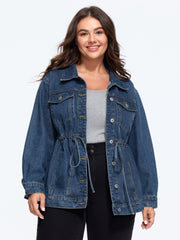 Lapel Collar Adjustable Waist‑Tie Denim Jacket