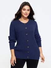 Crew Neck Button‑Down Cable Knit Cardigan