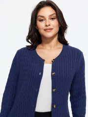 Crew Neck Button‑Down Cable Knit Cardigan