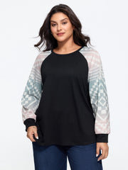 Crew Neck Patchwork Geometric Raglan Sleeve T‑Shirt