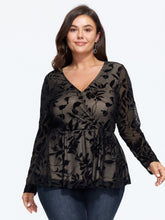 Stretch Floral Flocked Mesh Tie Waist Top