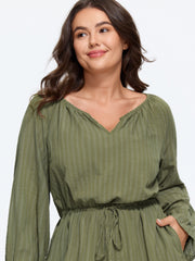 Textured Stripe Drawstring Waist Pocket Romper