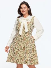 Retro Rose Bow Tie Collar Patchwork Mini Dress