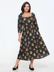 Retro Cat Frame Print Plaid Midi Dress
