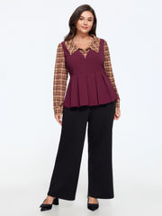 Plaid Collar Pleated Peplum Hem Blouse