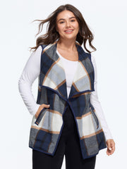 Plaid Waterfall Lapel Open‑Front Vest