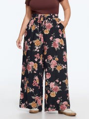 Floral Print Drawstring Waist Wide‑Leg Pants