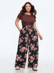 Floral Print Drawstring Waist Wide‑Leg Pants
