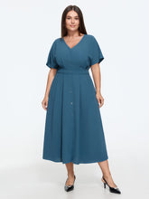 V‑Neck Button Front Pleated Midi Dress