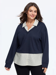 2 In 1 Lapel Collar Striped Hem Blouse