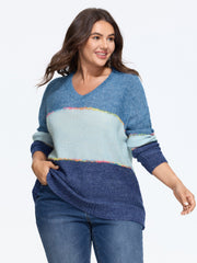 Color Block V Neck Pullover