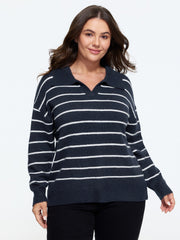 Striped Polo Collar Color Contrast Pullover