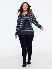 Striped Polo Collar Color Contrast Pullover