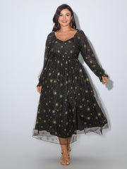 Gold Foil Star Pattern Mesh Front Split Midi Dress