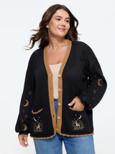 Moon Star Deer Embroidered Contrast Trim Cardigan