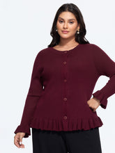 Round Neck Ruffle Hem Button‑Down Ribbed Knit Cardigan