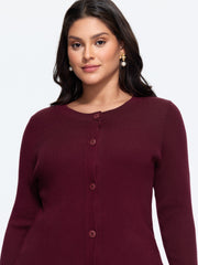 Round Neck Ruffle Hem Button‑Down Ribbed Knit Cardigan