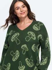 Mushroom Jacquard V‑Neck Pullover