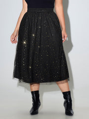 Star Print Layered Sheer Mesh Midi Skirt