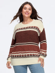 Retro Color Block Striped Cable Knit Pullover