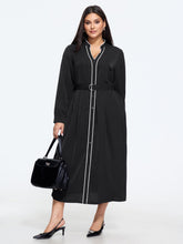 Stand Collar Contrast Piping Belted Midi Dress