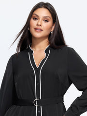 Stand Collar Contrast Piping Belted Midi Dress
