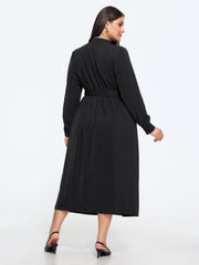 Stand Collar Contrast Piping Belted Midi Dress