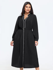 Stand Collar Contrast Piping Belted Midi Dress