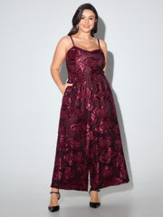 Rose Embroidered Spaghetti Strap Wide Leg Jumpsuit