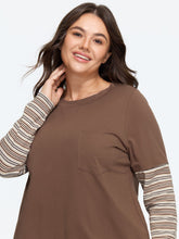 Cotton Crew Neck Striped Splice Sleeves T-Shirt