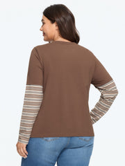 Cotton Crew Neck Striped Splice Sleeves T-Shirt