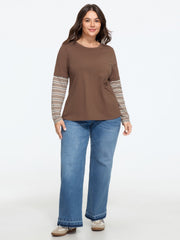 Cotton Crew Neck Striped Splice Sleeves T-Shirt