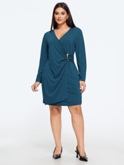 Stretchy Wrap Neck Metal Buckle Ruched Waist Mini Dress