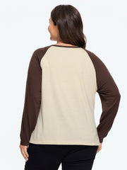Color Block Raglan Sleeve Button Detail T-Shirt