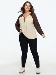 Color Block Raglan Sleeve Button Detail T-Shirt