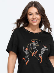 Halloween Cowboy Skeleton Print T‑Shirt