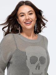 Sheer Skull Hollow‑Out Jacquard Crew Neck Pullover
