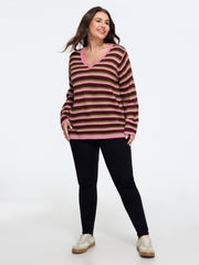 V‑Neck Color Block Striped Loose Pullover