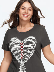 Halloween Skeleton Ribcage Graphic Crew Neck T‑Shirt