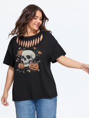 Skull Pumpkin Print Cutout Neck T‑Shirt
