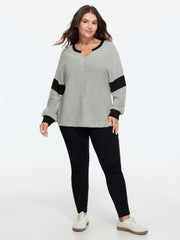 Notched Neck Stripe Color Block Sweatshirt