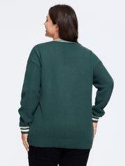 V‑Neck Contrast Striped Cuff Cable Knit Pullover