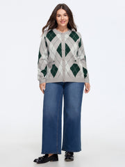 Argyle Round Neck Button‑Front Cardigan