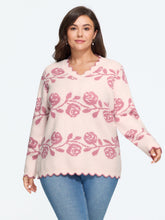 Floral Jacquard Scalloped Trim V‑Neck Pullover
