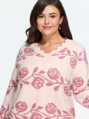 Floral Jacquard Scalloped Trim V‑Neck Pullover