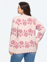 Floral Jacquard Scalloped Trim V‑Neck Pullover
