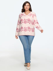 Floral Jacquard Scalloped Trim V‑Neck Pullover
