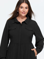 Collared Half Button Placket Pocket Midi Dress