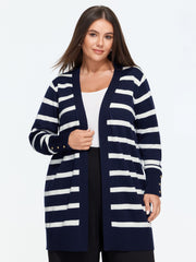 Wool Blend Striped V‑Neck Open Front Cardigan