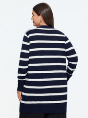 Wool Blend Striped V‑Neck Open Front Cardigan